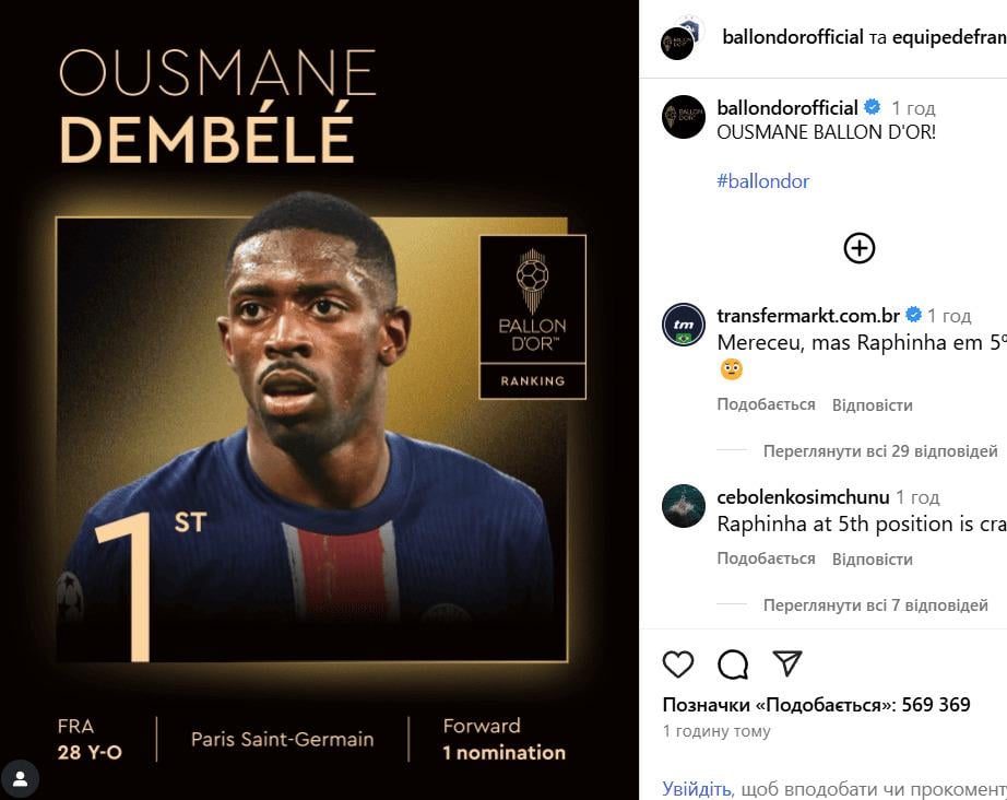 Дембеле виграв &quot;Золотий м'яч&quot; / Фото: скріншот instagram.com/p/DO6yMwRCtm-