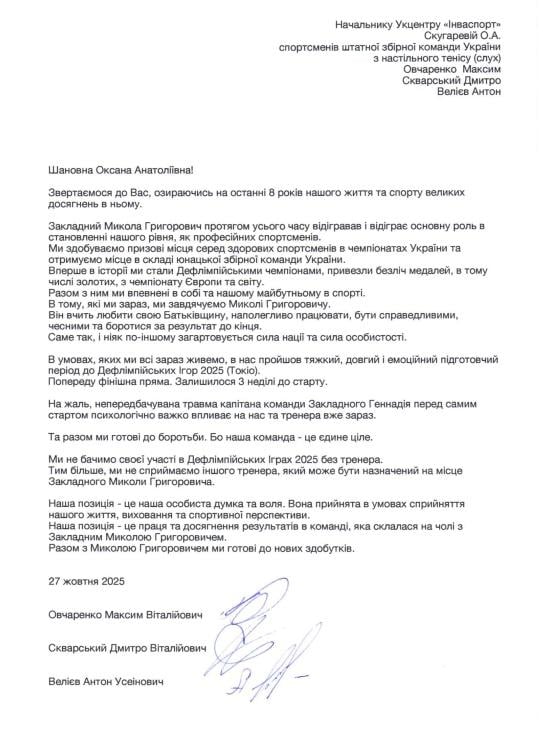 Провідні гравці збірної відмовляються їхати на Дефлімпіаду через звільнення головного тренера, - документ 2 ск